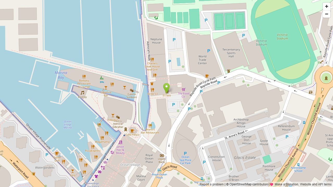 OpenStreetMap focused on Gill's Restaurant in Marina Bay Square, Gibraltar